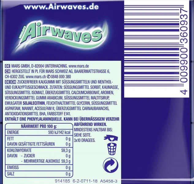 Airwaves Menthol & Eucalyptus Kaugummi Zuckerfrei 2 Airwaves Menthol & Eucalyptus Kaugummi Zuckerfrei – Bild 2