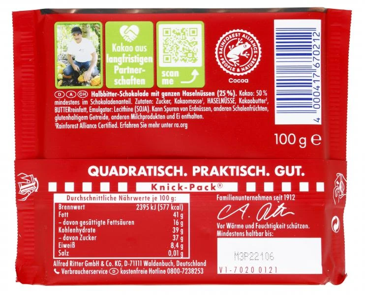 Ritter Sport Nussklasse Dunkle Voll-Nuss 100 G 2 Ritter Sport Nussklasse Dunkle Voll-Nuss 100 G – Bild 2