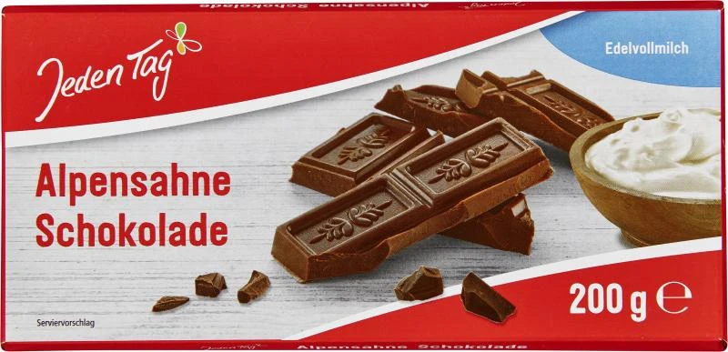 Jeden Tag Alpensahne Schokolade Edelvollmilch 1 Jeden Tag Alpensahne Schokolade Edelvollmilch