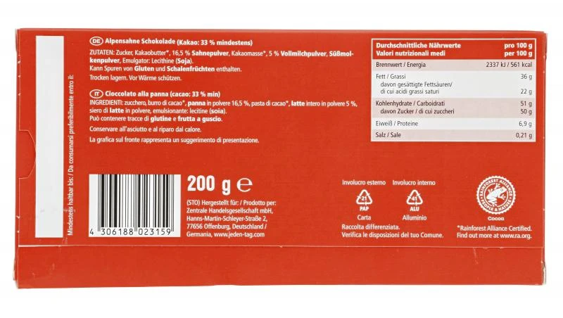 Jeden Tag Alpensahne Schokolade Edelvollmilch 2 Jeden Tag Alpensahne Schokolade Edelvollmilch – Bild 2